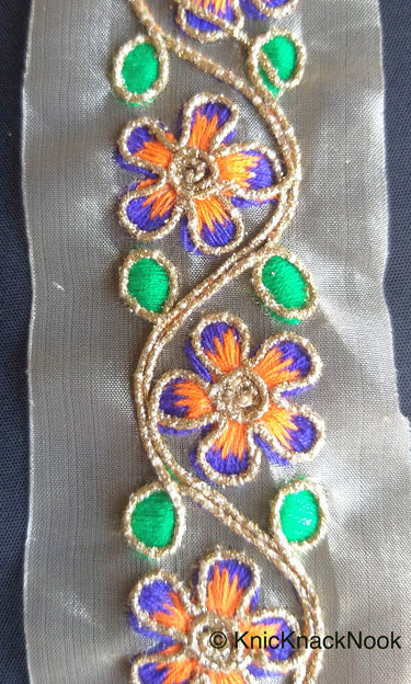 Wholesale Gold Sheer Tissue Fabric Trim With Hand Embroidered Blue, Orange, Green & Gold Flowers